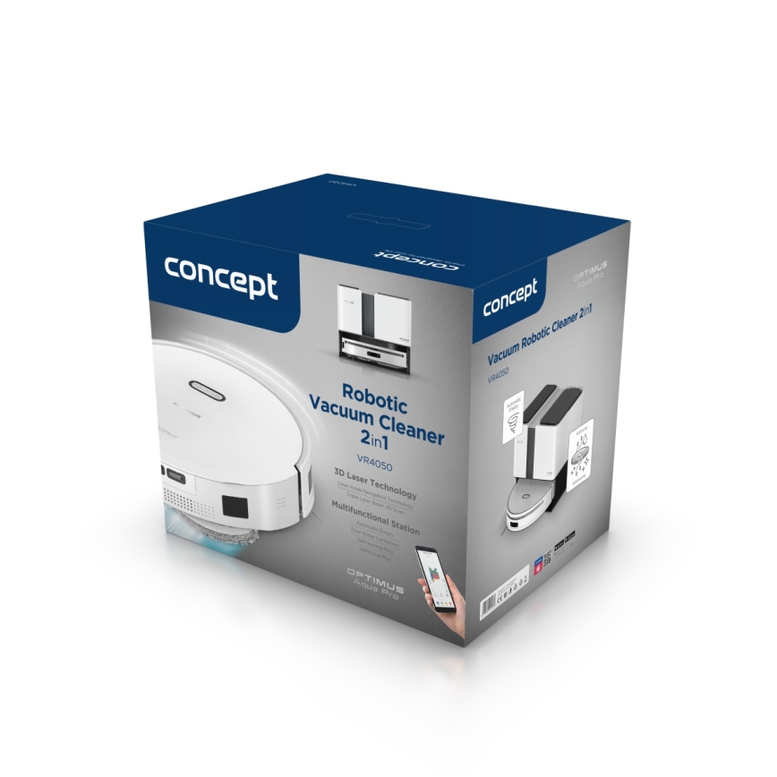 Concept VR4050 - Aspirador robô inteligente com mopa 2 em 1 OPTIMUS AQUA PRO LASER 3D 600W/230V 5200 mAh Wi-Fi branco
