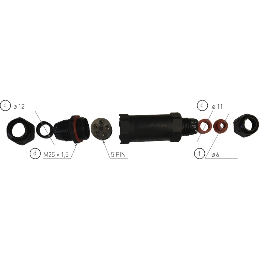 Conector de cabo CSJ 250V/16A IP68 5x1,5 mm²