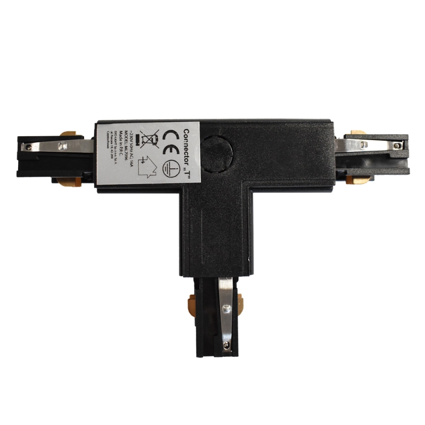 Conector para iluminações em sistema de carril trifásico TRACK preto tipo T