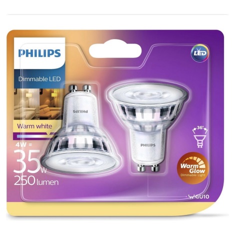 CONJNTO 2x Lâmpada LED com regulação Philips Warm Glow GU10/4W/230V 2200K-2700K 