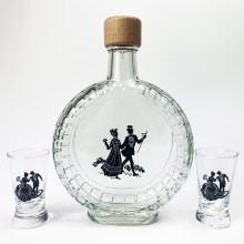 Conjunto 1x copo garrafa angular e 2x copo para shots transparente com motivo de casal