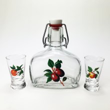 Conjunto 1x copo garrafa e 2x copo para shots transparente com um motivo de fruta