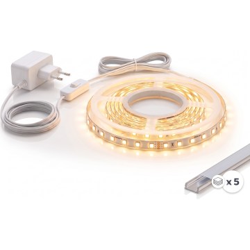 Conjunto 1x fita LED MYLIVING LIGHTSTRIP LED/22W/230V 5 m + 5x perfil de embutir 1 m prata/branco