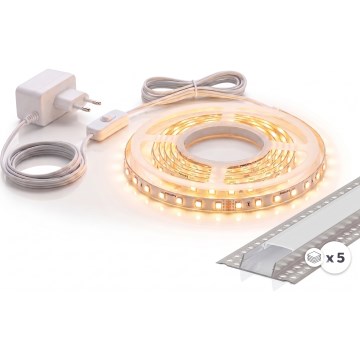 Conjunto 1x Fita LED MYLIVING LIGHTSTRIP LED/22W/230V 5 m + 5x perfil de embutir 1 m prateado/branco