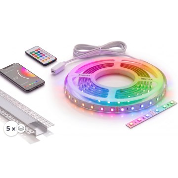 CONJUNTO 1x Fita LED RGBW dimerizável NEO LITE MUSIC LED/24W/230V 5 m IP65 Wi-Fi Tuya + 5x perfil para embutir 1 m prata/branco + comando remoto
