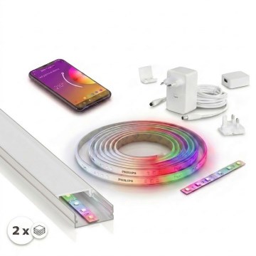 Conjunto 1x fita LED RGBW dimerizável Philips Hue WHITE AND COLOR AMBIANCE LED/20W/230V 2 m + 2x perfil de embutir 1 m prateado/branco