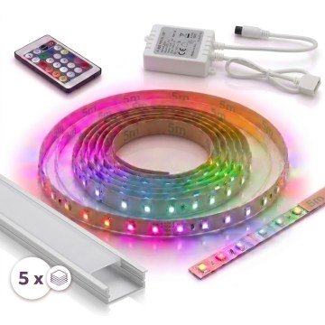 Conjunto 1x fita LED RGBW regulável DIGITAL LED/16,5W/230V 5 m + 5x perfil embutido 1 m prata/branco + controlo remoto