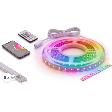 CONJUNTO 1x Fita LED RGBW regulável NEO LITE MUSIC LED/24W/230V 5 m IP65 Wi‑Fi Tuya + 5x perfil de encastrar 1 m prateado/branco + controlo remoto
