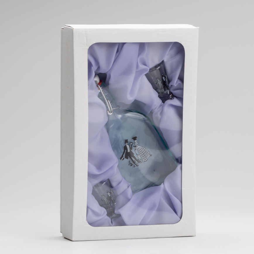 Conjunto 1x frasco de vidro e 2x copos para shots transparente com padrão de dança
