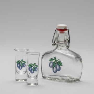 Conjunto 1x frasco de vidro e 2x copos para shots transparente com um motivo de ameixa