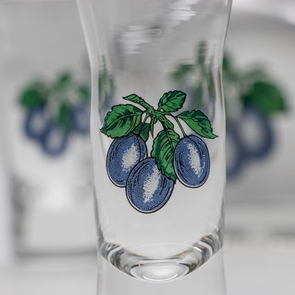 Conjunto 1x frasco de vidro e 2x copos para shots transparente com um motivo de ameixa