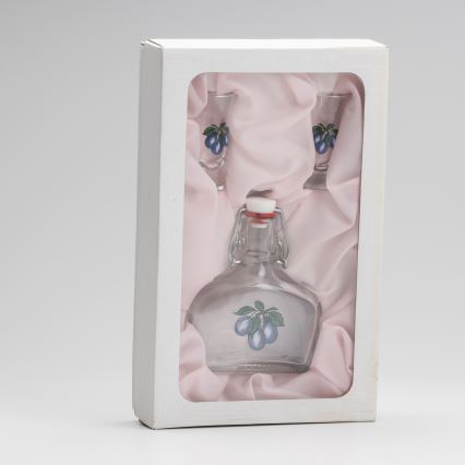 Conjunto 1x frasco de vidro e 2x copos para shots transparente com um motivo de ameixa