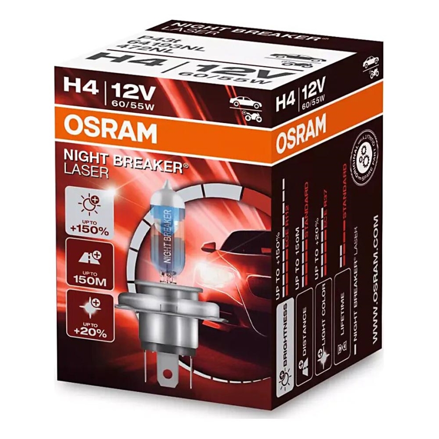 CONJUNTO 2x Lâmpada Automotiva NIGHT BREAKER H4 P43t/60/55W/12V 3900K - Osram