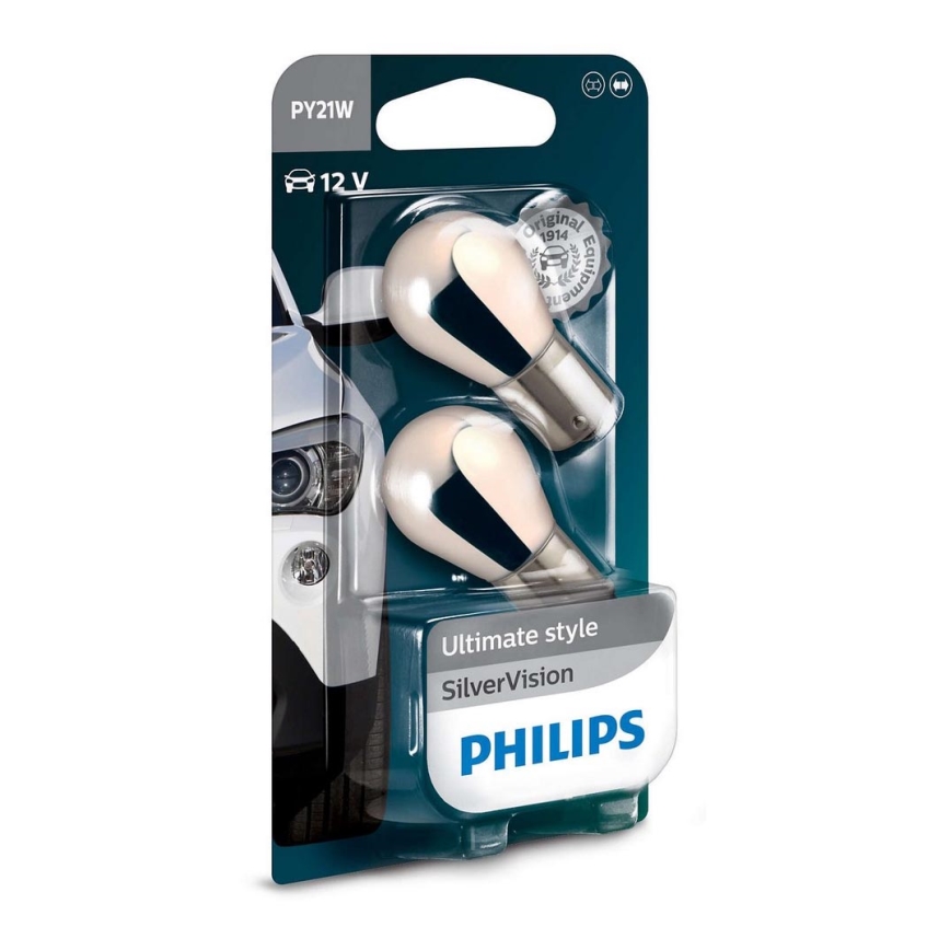 CONJUNTO 2x Lâmpada Automotiva Philips SILVER VISION 12496SVB2 PY21W BAU15s/21W/12V