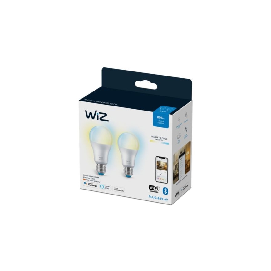 CONJUNTO 2x Lâmpada LED com regulação A60 E27/8W/230V 2700-6500K CRI 90 Wi-Fi - WiZ