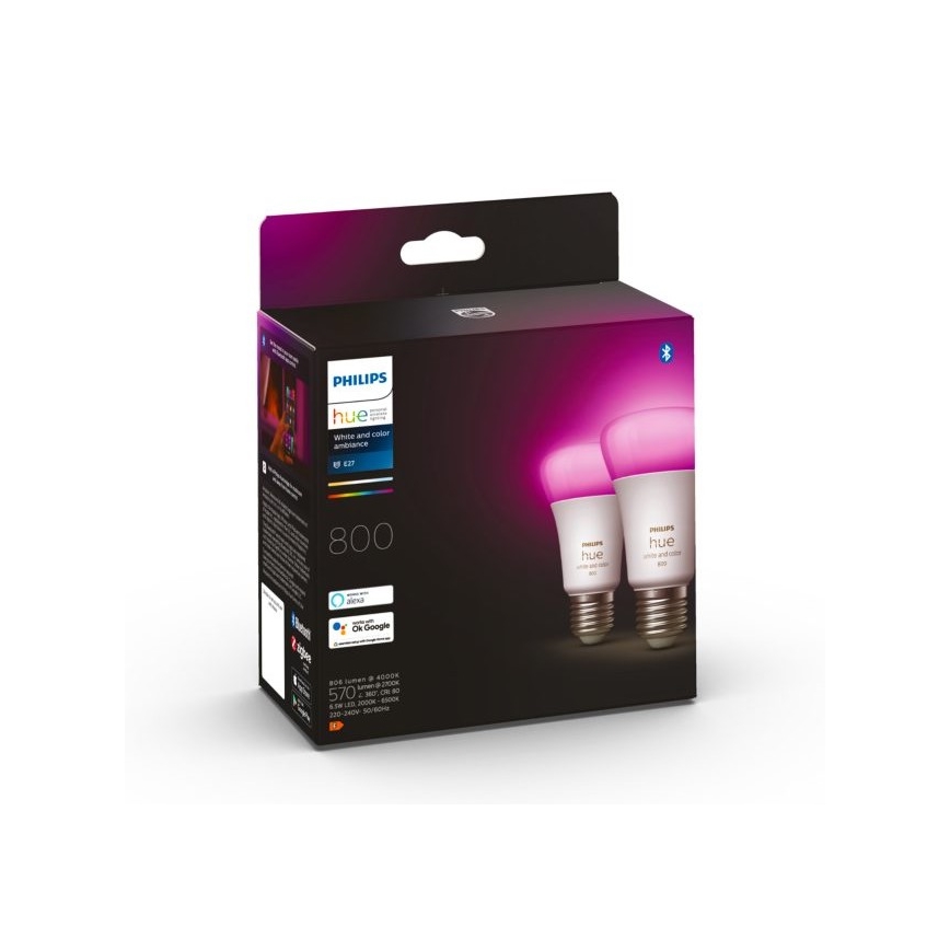 CONJUNTO 2x Lâmpada LED com regulação Philips Hue White And Color Ambiance A60 E27/6,5W/230V 2000-6500K