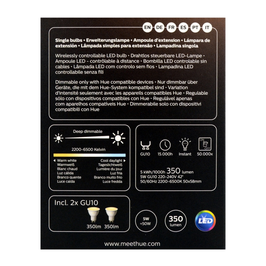 CONJUNTO 2x Lâmpada LED com regulação Philips Hue WHITE AMBIANCE GU10/5W/230V 2200-6500k