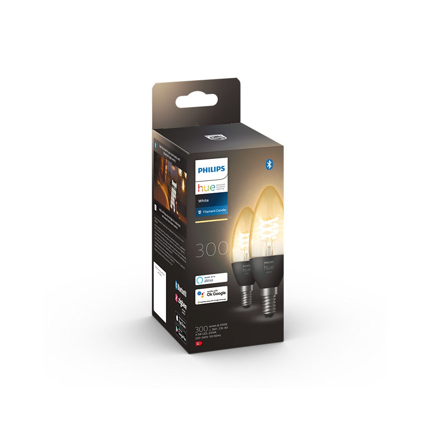 CONJUNTO 2x Lâmpada LED com regulação Philips Hue WHITE FILAMENT E14/4,5W/230V 2100K