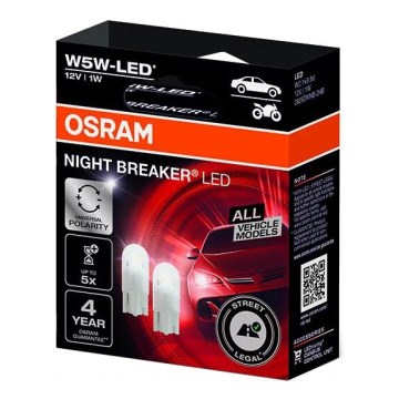 CONJUNTO 2x Lâmpada LED para Carro NIGHT BREAKER W2.1x9.5d/1W/12V 5700K - Osram