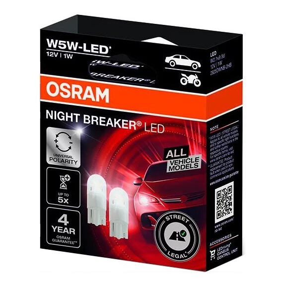CONJUNTO 2x Lâmpada LED para Carro NIGHT BREAKER W2.1x9.5d/1W/12V 5700K - Osram