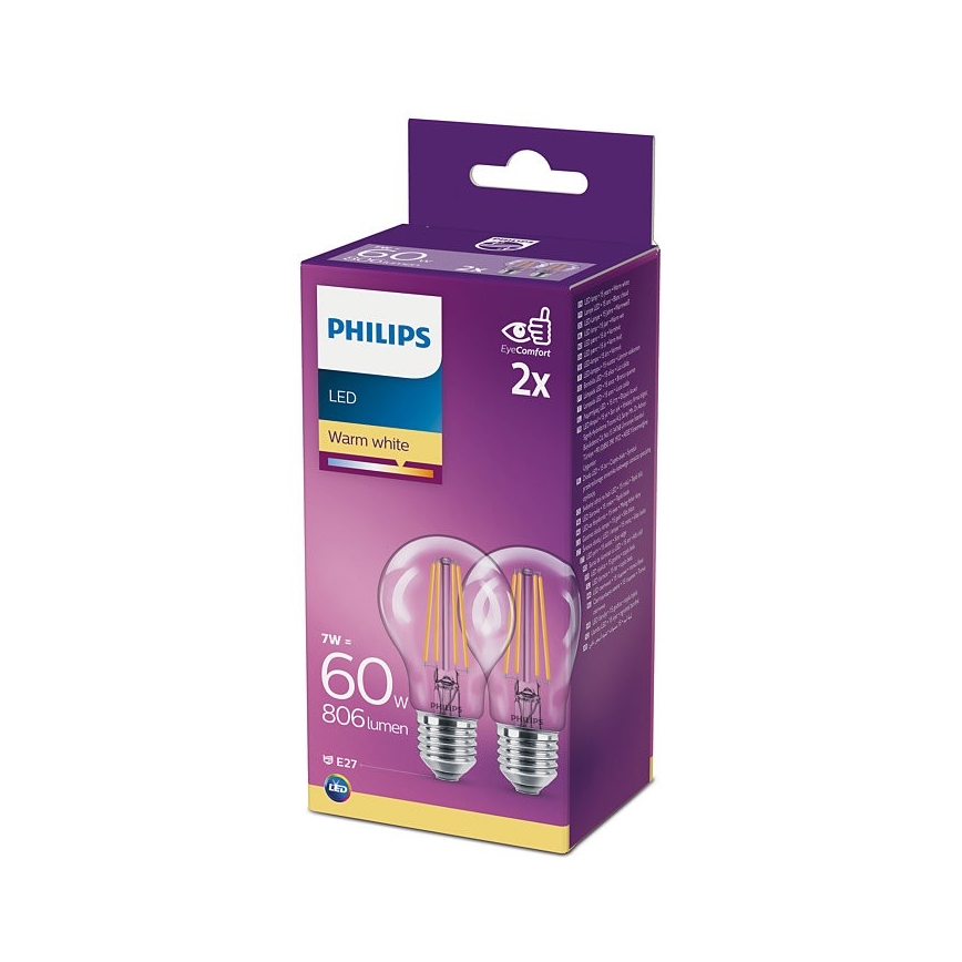 CONJUNTO 2x Lâmpada LED Philips A60 E27/7W/230V 2700K