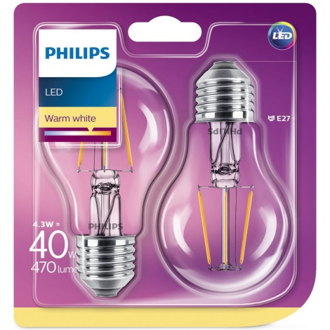 CONJUNTO 2x Lâmpada LED Philips E27/4,3W/230V 2700K