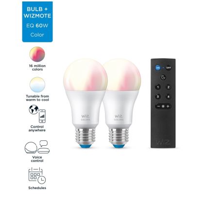CONJUNTO 2x Lâmpada LED RGBW com regulação A60 E27/8,5W/230V 2200-6500K Wi-Fi + controlo remoto - WiZ