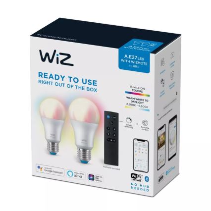 CONJUNTO 2x Lâmpada LED RGBW com regulação A60 E27/8,5W/230V 2200-6500K Wi-Fi + controlo remoto - WiZ