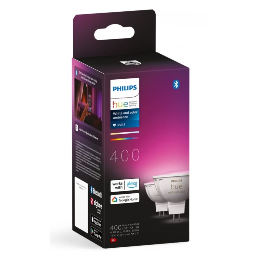 CONJUNTO 2x Lâmpada LED RGBW com regulação Philips Hue White And Color Ambiance GU5,3/MR16/6,3W/12V 2000-6500K