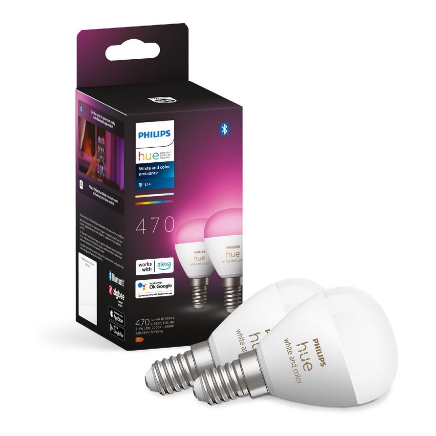 CONJUNTO 2x Lâmpada LED RGBW com regulação Philips Hue White And Color Ambiance P45 E14/5,1W/230V 2000-6500K