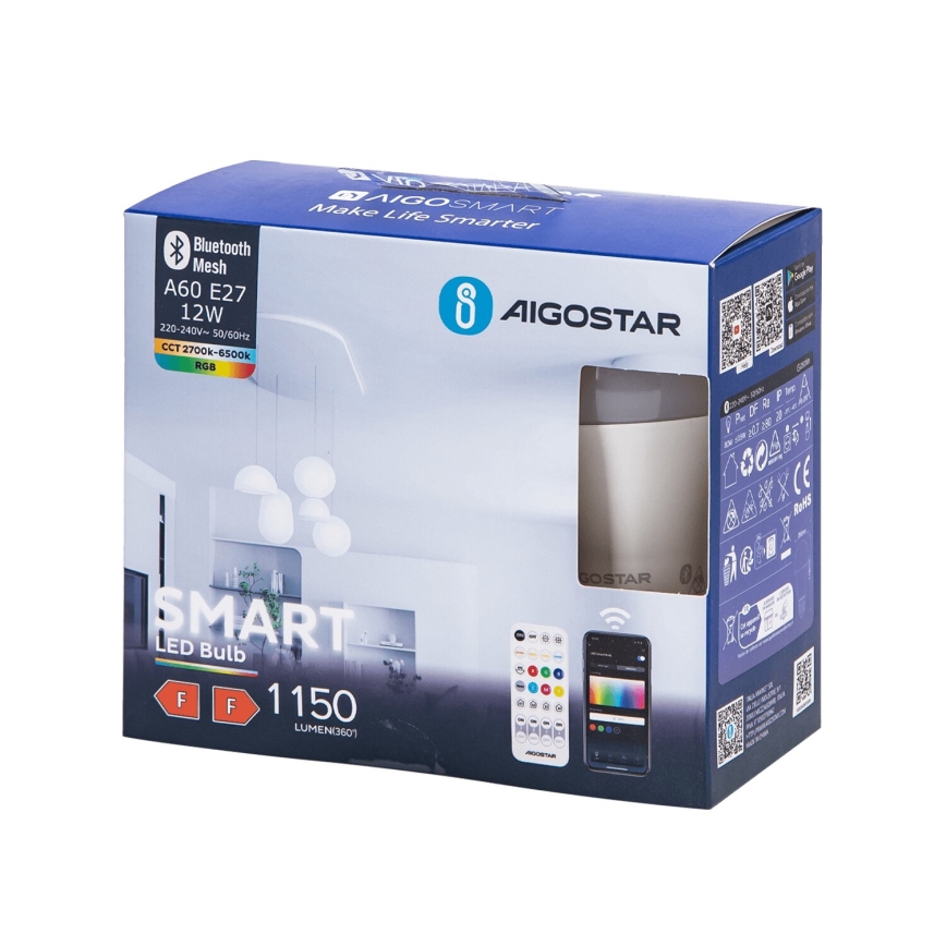 CONJUNTO 2x Lâmpadas LED RGBW com regulação MESH Inteligente A60 E27/12W/230V 2700-6500K + comando - Aigostar