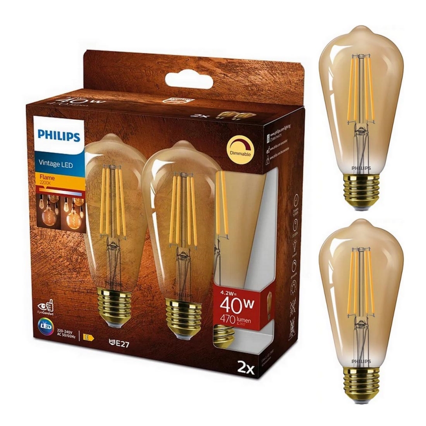 CONJUNTO 2x Lâmpadas LED com regulação VINTAGE Philips ST64 E27/4,2W/230V 2200K