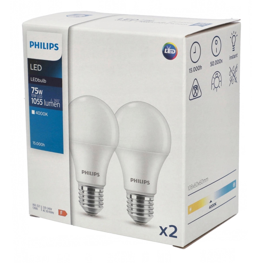 CONJUNTO 2x Lâmpadas LED Philips A60 E27/10W/230V 4000K