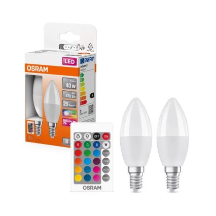 CONJUNTO 2x Lâmpadas LED RGBW com regulação B38 E14/4,9W/230V 2700K + comando - Osram