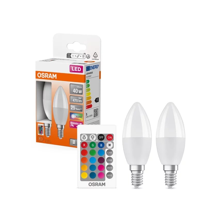 CONJUNTO 2x Lâmpadas LED RGBW com regulação B38 E14/4,9W/230V 2700K + comando - Osram