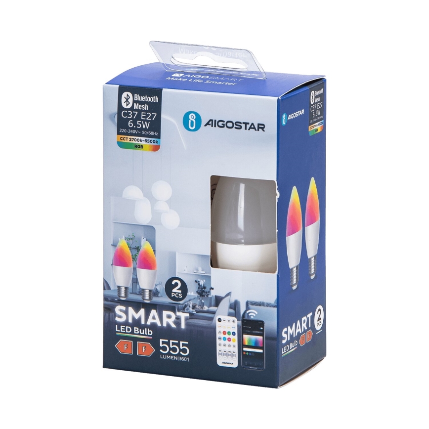 CONJUNTO 2x Lâmpadas LED RGBW com regulação MESH Inteligente C37 E27/6,5W/230V 2700-6500K + comando - Aigostar