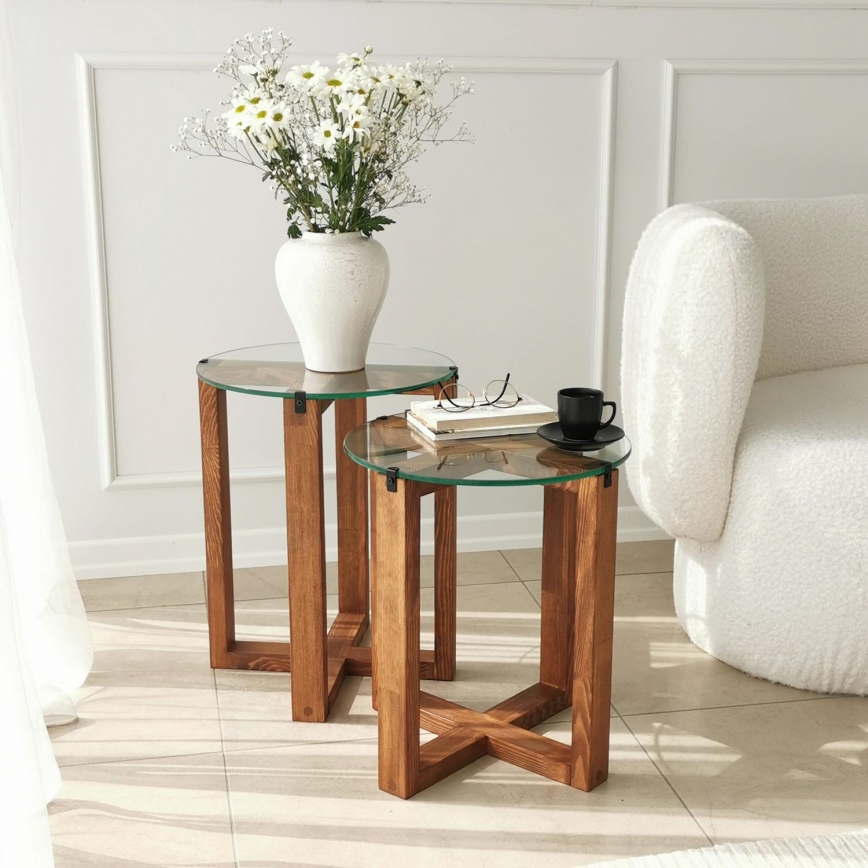 CONJUNTO 2x Mesa de cabeceira AMALFI diâmetro 40 cm castanho/transparente