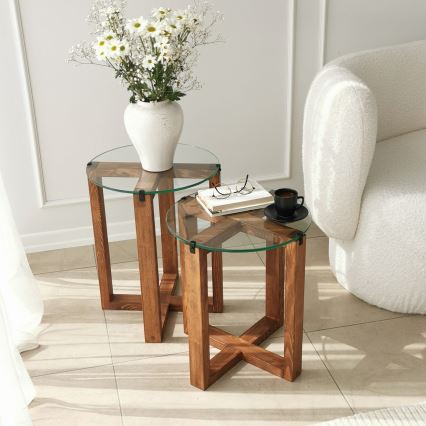 CONJUNTO 2x Mesa de cabeceira AMALFI diâmetro 40 cm castanho/transparente