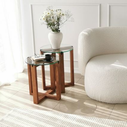 CONJUNTO 2x Mesa de cabeceira AMALFI diâmetro 40 cm castanho/transparente