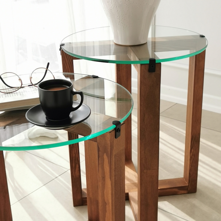 CONJUNTO 2x Mesa de cabeceira AMALFI diâmetro 40 cm castanho/transparente