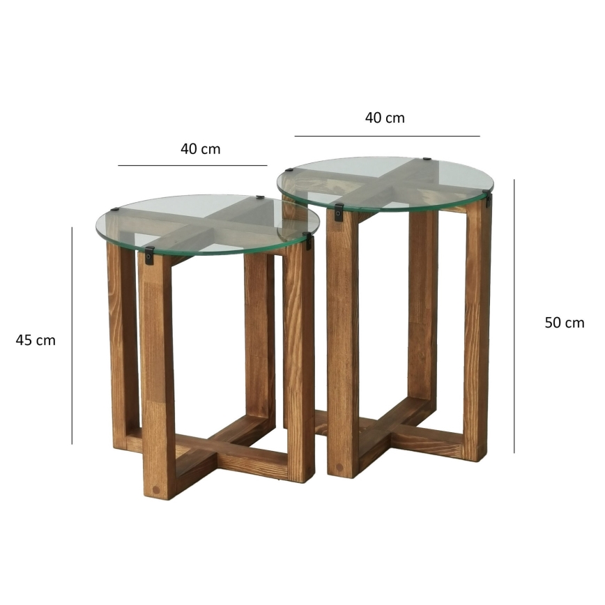 CONJUNTO 2x Mesa de cabeceira AMALFI diâmetro 40 cm castanho/transparente