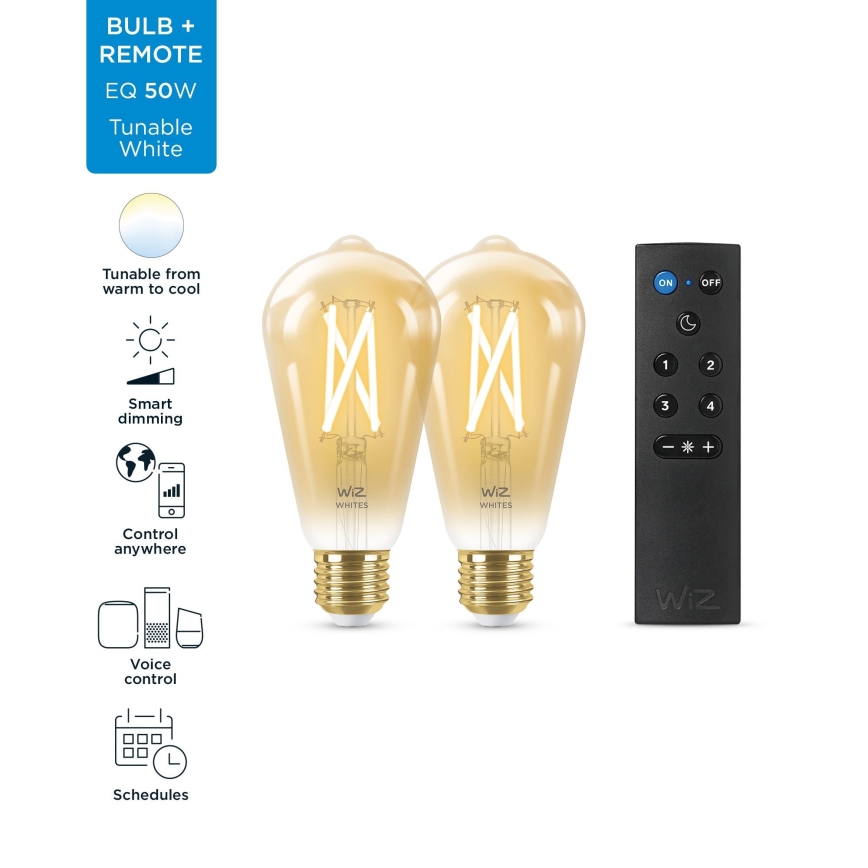 CONJUNTO 2x Lâmpada LED com regulação ST64 E27/7W/230V 2000-5000K CRI 90 Wi-Fi + controlo remoto - WiZ