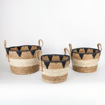 CONJUNTO 3x Cestos de palha bege/preto 27x20/30x22/36x28 cm
