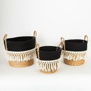 CONJUNTO 3x Cestos de palha bege/preto/branco 25x17x23/28x22x25/35x28x30 cm