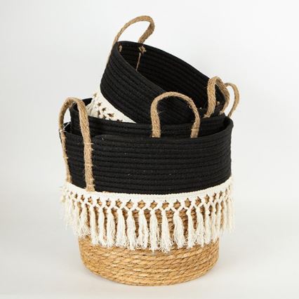 CONJUNTO 3x Cestos de palha bege/preto/branco 25x17x23/28x22x25/35x28x30 cm