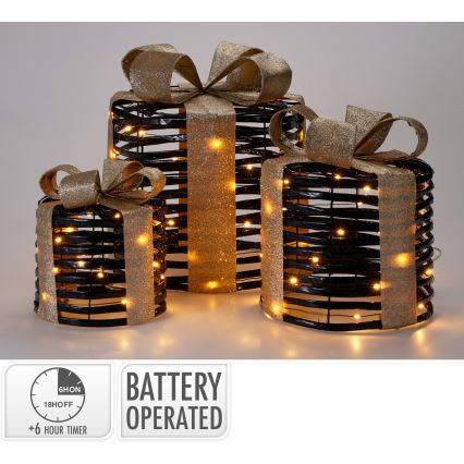 Conjunto de 3 decorações de Natal LED 20xLED/2xAA + 30xLED/3xAA + 40xLED/3xAA branco quente presentes/preto