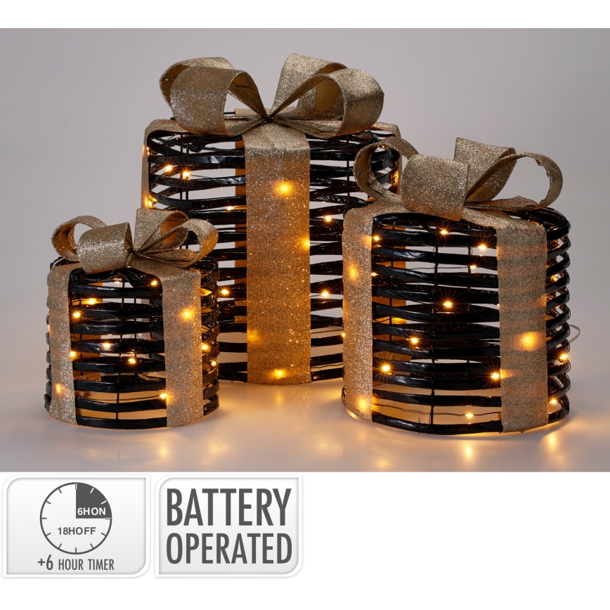 Conjunto de 3 decorações de Natal LED 20xLED/2xAA + 30xLED/3xAA + 40xLED/3xAA branco quente presentes/preto
