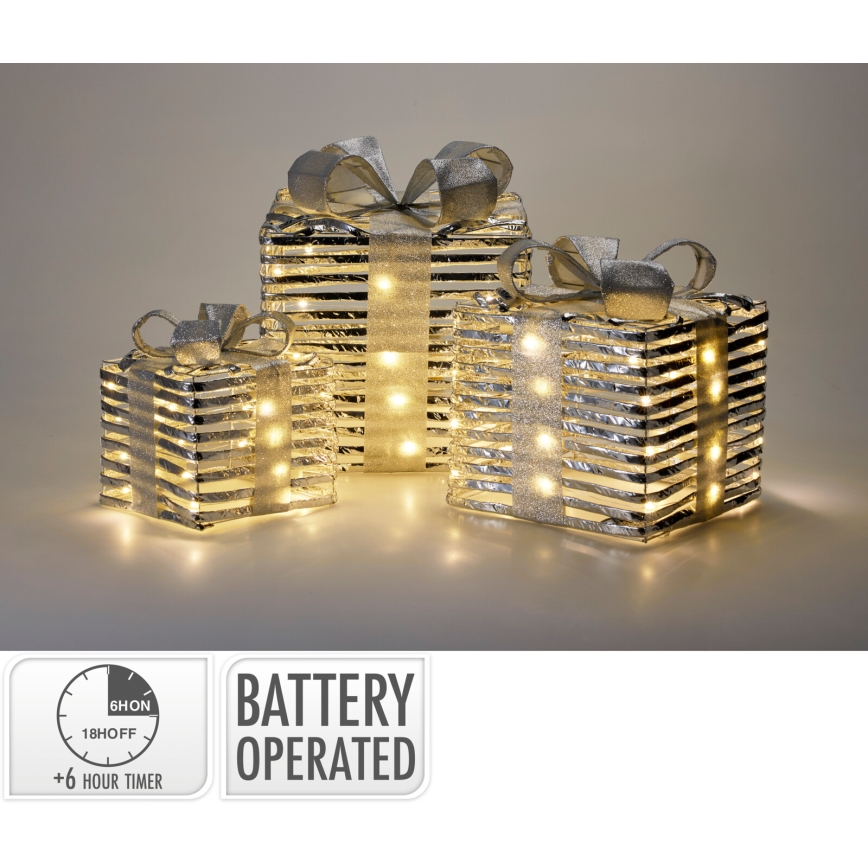 Conjunto de 3 decorações de Natal LED 20xLED/2xAA + 30xLED/3xAA + 40xLED/3xAA branco quente presentes/prateado
