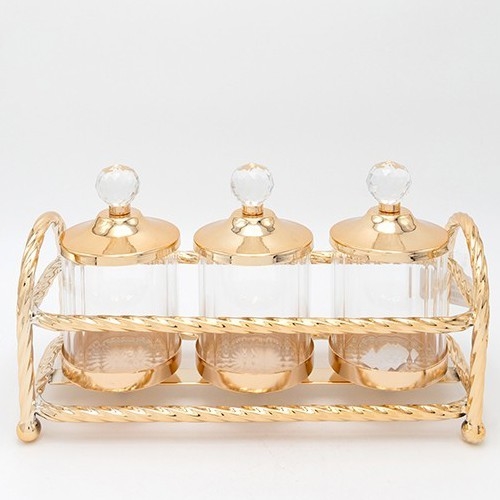 CONJUNTO 3x Frascos de vidro dourado