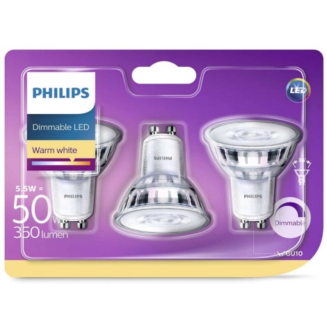 CONJUNTO 3x Lâmpada LED com regulação Philips GU10/5W/230V 2700K